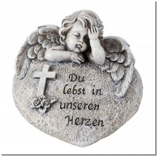 Grabherz mit Engel – Gedenkstein mit Spruch „Du lebst in unseren Herzen“ – wetterfestes Dekoherz für das Grab, ca. 8x11,5 cm – Grabschmuck mit Kreuz & Rosen
