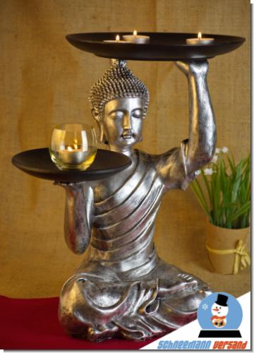 40cm Große wunderschöne detailreiche  Buddha Skulptur mit Tablett als Deko oder Beistelltisch Blumenständer usw.  Material: Polyresin / Kunstharz  Farbe : grau schwarz