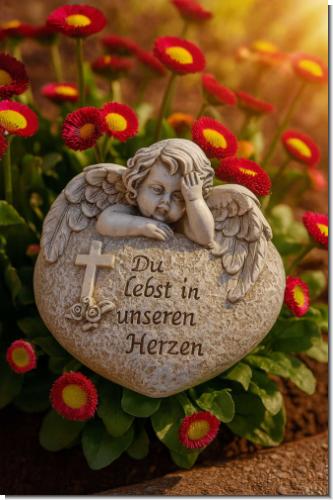 Grabherz mit Engel – Gedenkstein mit Spruch „Du lebst in unseren Herzen“ – wetterfestes Dekoherz für das Grab, ca. 8x11,5 cm – Grabschmuck mit Kreuz & Rosen