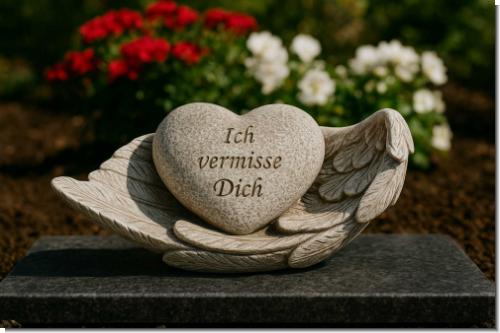 Herzförmige Gedenkfigur „Ich vermisse Dich“ auf Engelsflügeln. Wetterfestes Polyresin in Steinoptik – liebevoller Grabschmuck & Erinnerung.