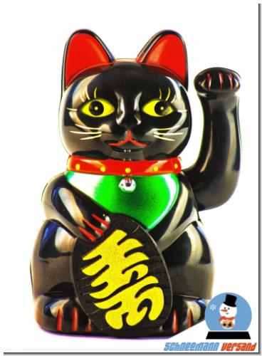 Große Winkekatze Schwarz Maneki Neko Glücksbringer Glückskatze winkende Katze