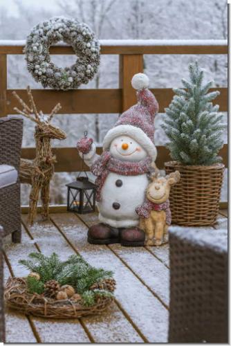 Schneemann Deko Figur auf Terrasse