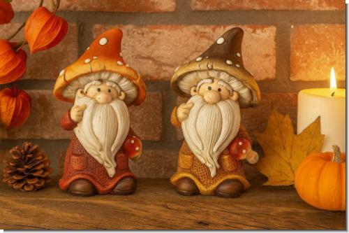 Herbstdeko Figuren Wichtel mit Pilzhut | 2er Set Polyresin 15cm stabil & langlebig