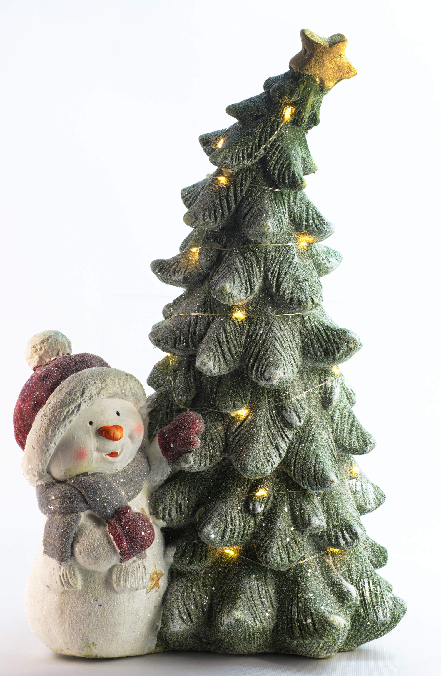 LED Winter Deko Schneemann Micha mit seinem Weihnachtsbaum 50cm  Weihnachtsbaum mit LED Beleuchtung