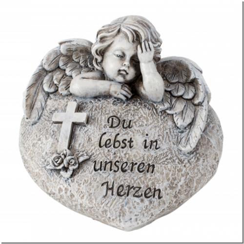 Grabherz mit Engel – Gedenkstein mit Spruch „Du lebst in unseren Herzen“ – wetterfestes Dekoherz für das Grab, ca. 8x11,5 cm – Grabschmuck mit Kreuz & Rosen