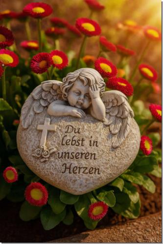 Grabherz mit Engel – Gedenkstein mit Spruch „Du lebst in unseren Herzen“ – wetterfestes Dekoherz für das Grab, ca. 8x11,5 cm – Grabschmuck mit Kreuz & Rosen