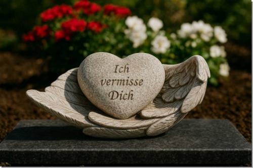 Herzförmige Gedenkfigur „Ich vermisse Dich“ auf Engelsflügeln. Wetterfestes Polyresin in Steinoptik – liebevoller Grabschmuck & Erinnerung.