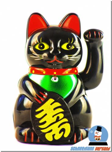 Große Winkekatze Schwarz Maneki Neko Glücksbringer Glückskatze winkende Katze