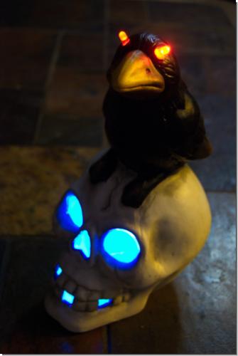 Rabe auf Totenkopf Schädel Figur Deko mit LED Beleuchtung 26 cm groß