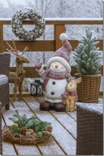 Schneemann Deko Figur auf Terrasse