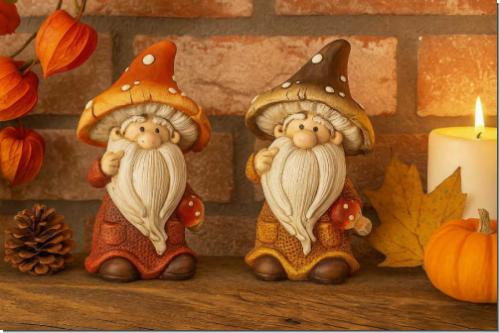 Herbstdeko Figuren Wichtel mit Pilzhut | 2er Set Polyresin 15cm stabil & langlebig