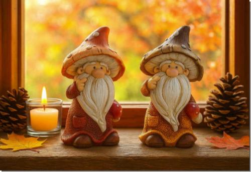 Herbstdeko Figuren Wichtel mit Pilzhut | 2er Set Polyresin 15cm stabil & langlebig