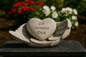 Grabherz „Ich vermisse Dich“ – liegend auf Engelsflügel – Polyresin, wetterfest – ca. 14 cm breit, 5 cm hoch