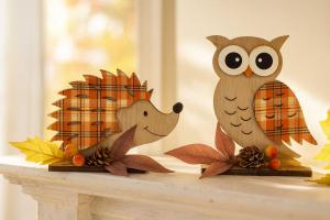 Herbst Deko Holzfiguren Eule & Igel – Handgefertigte Herbstdekoration aus Holz, Tischdeko & Kamindeko, Natur Innenbereich