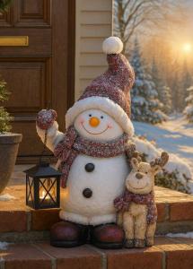 Schneemann Johannes mit Rentier Max - Winterdeko Figur mit Teelicht Laterne 43cm